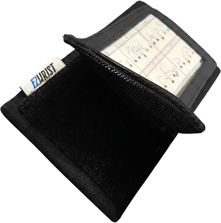 EZ Wrist patented wristband playbook open showing a flag football play sheet